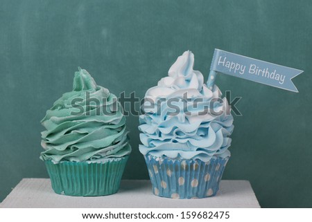 happy Birthday cupcakes in aqua green and blue