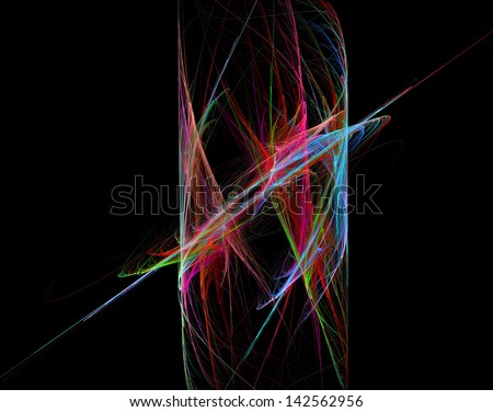 Blue red and green cylindrical fractal energy pattern on black background.