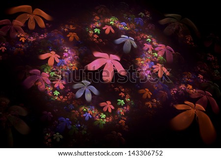 Digital flower fractal flame image on black background.