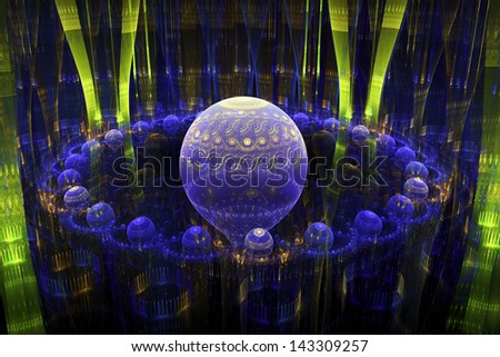 Abstract digital spheres blue and green modern art fractal image..