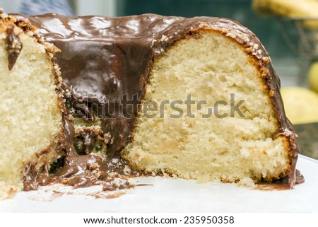 White cake with melted chocolate syrup on top