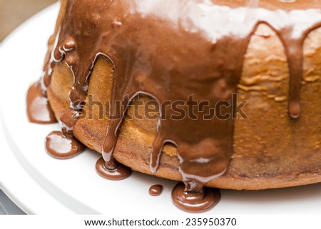 White cake with melted chocolate syrup on top