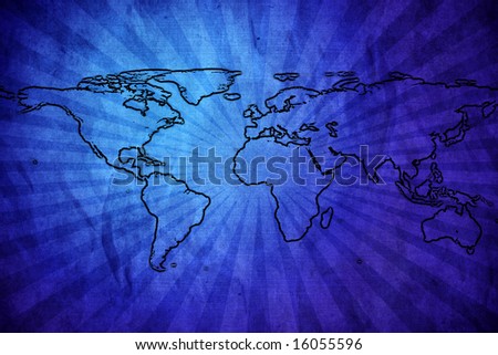 World map with sunburst. Map backgrounds.