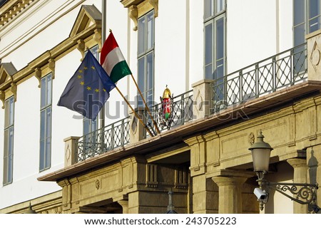 Flag of Hungary and the European Union on the Presidential Palace in Budapest