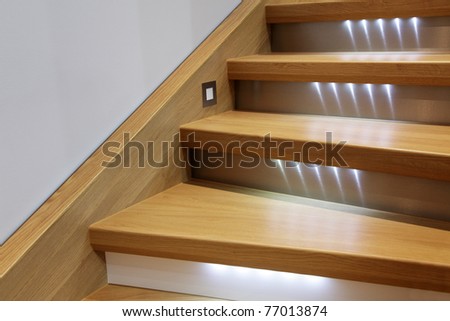 staircase with wooden steps and illumination