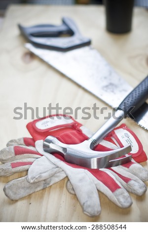 Hammer on a carpenter\'s work station