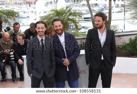 Shia Labeouf, Tom Hardy, Jason Clarke arriving for the \'Lawless\' Photocall at the 65th Annual Cannes Film Festival, Cannes, France. 20/05/2012 Picture by: Henry Harris / Featureflash