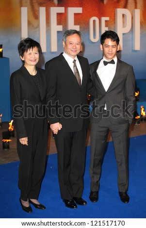 Ang Lee with his wife Jane and son Mason arriving for the Life Of Pi premiere, at Empire Leicester Square, London. 03/12/2012 Picture by: Alexandra Glen