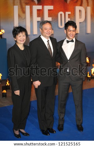 Ang Lee with his wife Jane and son Mason arriving for the Life Of Pi premiere, at Empire Leicester Square, London. 03/12/2012 Picture by: Alexandra Glen