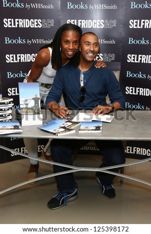 Colin Jackson and Jennifer Stoute signs copies of his book My Sporting Icons, to mark the London 2012 Olympics at Selfridges, London. 01/08/2012 Picture by: Henry Harris