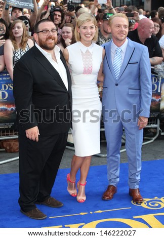 Nick Frost, Rosamund Pike and Simon Pegg arriving for The World\'s End World Premiere, at Empire Leicester Square, London. 10/07/2013