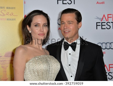 LOS ANGELES, CA - NOVEMBER 5, 2015: Actress/writer/director Angelina Jolie & actor husband Brad Pitt at the AFI Festival premiere of their movie \