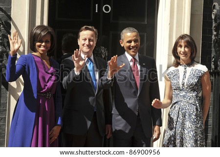 President Barak Obama and wife Michelle meet David Cameron and his wife, Samantha at No.10 Downing Street, London. 24/05/2011  Picture by: Steve Vas / Featureflash