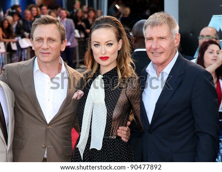 Olivia Wilde, Daniel Craig and Harrison Ford arriving for the UK premiere of \'Cowboys & Aliens\' at the O2, London. 11/08/2011  Picture by: Alexandra Glen / Featureflash