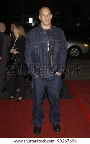 Actor VIN DIESEL at the world premiere, in Hollywood, of his new movie A Man Apart. April 1, 2003