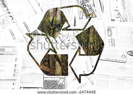 Recycle Logo Showing Trees through Newsprint