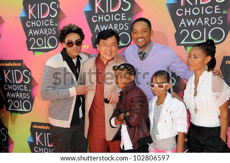 Trey Smith, Jackie Chan, Jaden Smith, Will Smith, Willow Smith, Jada Pinkett Smith at the Nickelodeon\'s 23rd Annual Kids\' Choice Awards, UCLA\'s Pauley Pavilion, Westwood, CA 03-27-10