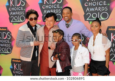 Trey Smith, Jackie Chan, Jaden Smith, Will Smith, Willow Smith, Jada Pinkett Smith at the Nickelodeon\'s 23rd Annual Kids\' Choice Awards, UCLA\'s Pauley Pavilion, Westwood, CA 03-27-10
