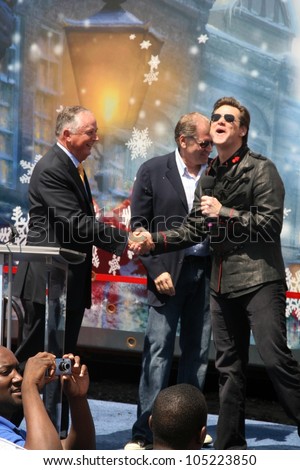 Dick Cook with Robert Zemeckis and Jim Carrey at the \'Disney\'s A Christmas Carol\' Train Tour Kick Off. Union Station, Los Angeles, CA. 05-21-09
