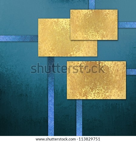 abstract blue background with dark blue ribbon stripes and elegant blank gold background squares for text or title for web template layout design or brochure ad or labels for paper or scrapbook