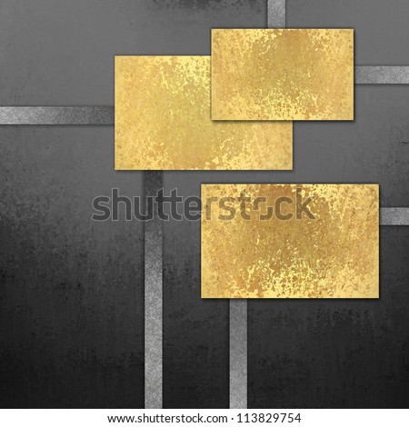 abstract black background with black and white ribbon stripes and elegant blank gold background squares for text or title for web template layout design or brochure ad or labels for paper or scrapbook