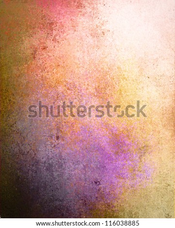 purple pink background layout design with vintage grunge background texture, gold paper with art paint color splashes and black antique border for elegant distressed old faded or retro brochure or web