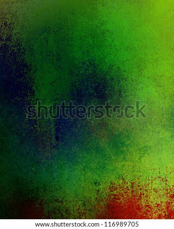 abstract green background layout design with vintage grunge background texture, red bottom border and blue edge color splash, web template or brochure paper backdrop, blue background paper