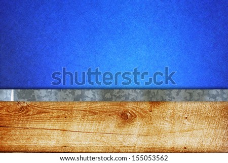 blue elegant background for product display on website or brochure, or scrapbook design for images with room for text title or picture, wooden board and metal tin scrap stripe rustic layout design