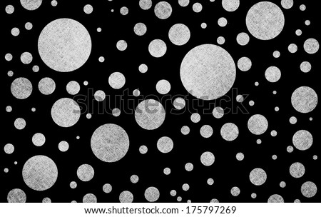 abstract black and white background with unusual different random pattern polka dot design, silver white circle layer on black background for fun backdrop with texture brush strokes of linen canvas