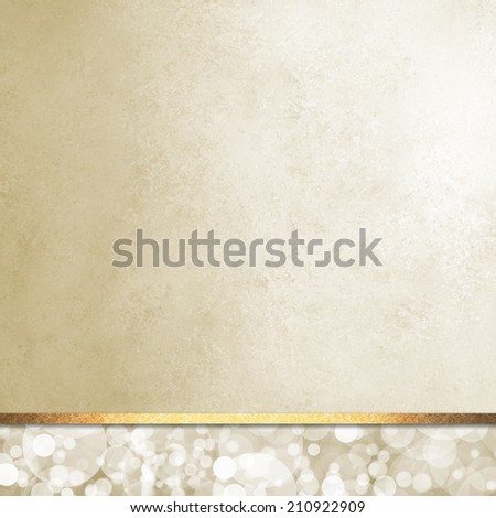 luxurious beige white background layout, bubbles or bokeh design on bottom footer panel with vintage paper texture and gold ribbon