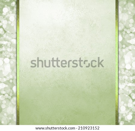 luxurious green background layout, bubbles or bokeh design on side panels with solid pastel green center with vintage paper texture and green ribbons