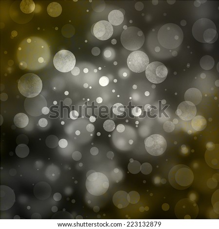 abstract black bokeh background, white lights on soft silver and gold background space, pretty bubbles floating in sky, round geometric shaped design layers.