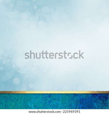 blue background of white bokeh lights with bottom footer of dark blue and green with gold trim ribbon design