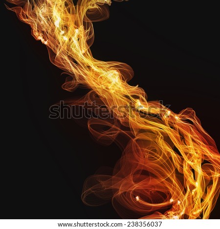 artificial hot flames of fire design illustration, spirals and curls of wispy flames in diagonal pattern on black background