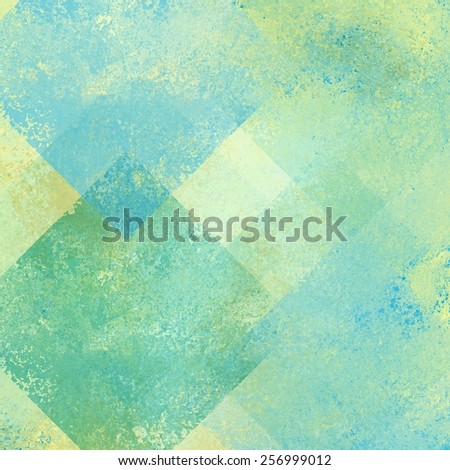 old vintage background illustration, distressed old texture and green, yellow and blue layered squares or diamond shapes in geometric pattern design, old background paper