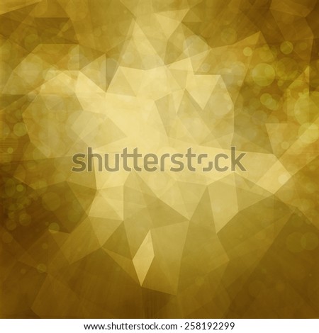 abstract shiny gold background with low poly triangle shapes with layered double exposure bubble shapes in abstract design elements and faint radial sunshine rays, artsy creative background design