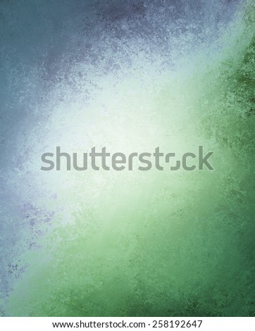 blue and green grunge background texture with faded white blurred spot in center for typography, cool sponged painted wall illustration