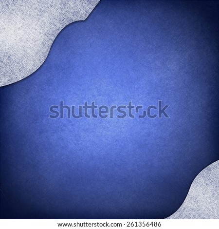sapphire blue background with wavy corner design elements in white parchment paper and abstract design, blank blue copyspace center for typography or text