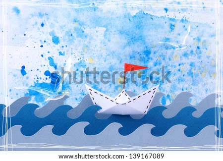 Photo collage of a paper ship with a red flag in the sea/ocean in a mixed paper cut/graphic style