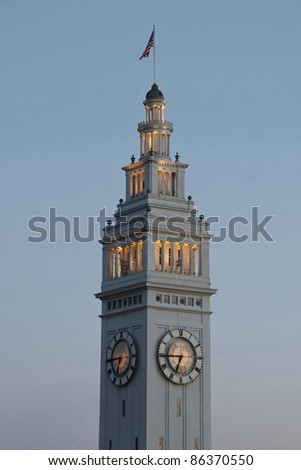 The clock tower on San Francisco\'s Ferry Building was modeled after the 12th century Giralda bell tower in Seville, Spain. A landmark at the foot of Market Street a main thoroughfare through the City.