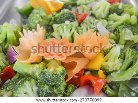 Closeup of stir fry vegetables meal on display at a chinese restaurant buffet