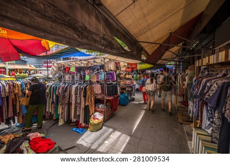 Bangkok, Thailand - May 23, 2015 Shopping cloth on side walk at Jatujak market, the biggest weekend market in South East Asia. Visit by taking MRT to Kampengpet station