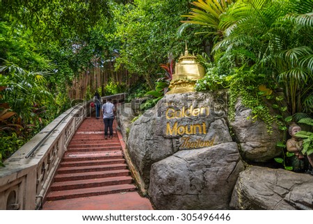 Bangkok, Thailand - Aug 10, 2015 The sign of The Golden Mount, one of famous temple and place to visit. Tourits have to walk more than two hundred step to reach the top of temple.