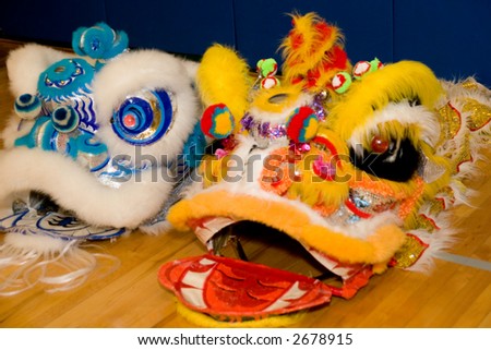 stock photo : Two Chinese lion dance heads