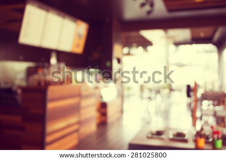 Blurry of coffee shop interior design. (Vintage process tone)