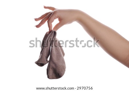 dirty sock in hand isolated on white
