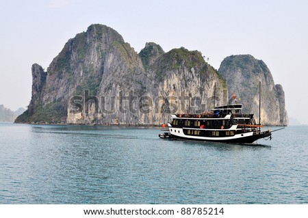 Boat and Limestone Formation in Halong Bay, Vietnam