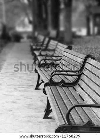A row of wood and metal benches