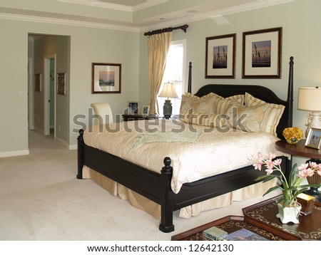 Luxury master bedroom suite in an upscale american home showing the king sized bed and the hallway to the bath area.