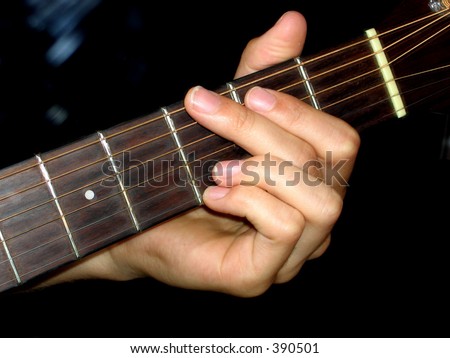 A hand taking a guitar chord. (G major)